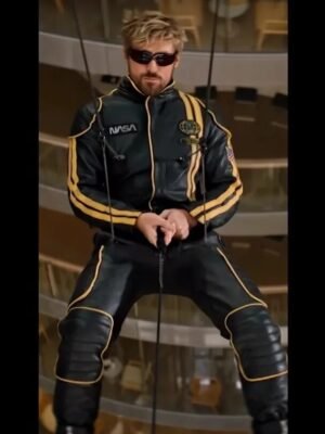 The Fall Guy Ryan Gosling Yellow Stripes Black Leather Jumpsuit